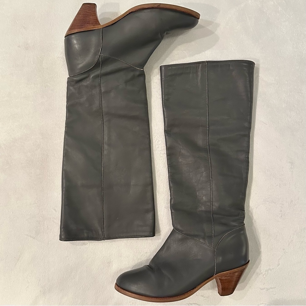 Vintage FRYE Dark Gray Leather Pull On Tall Heeled Boot Sz 7M C2163 cuff or tall
